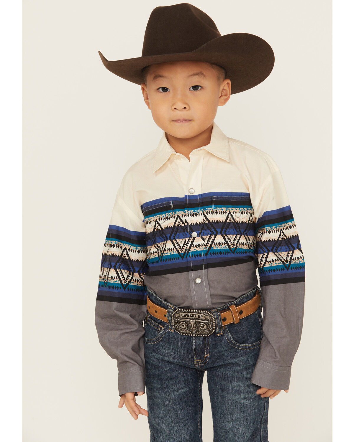 Image #1 - Roper Boys' Southwestern Striped Border Print Long Sleeve Pearl Snap Western Shirt, Blue, hi-res