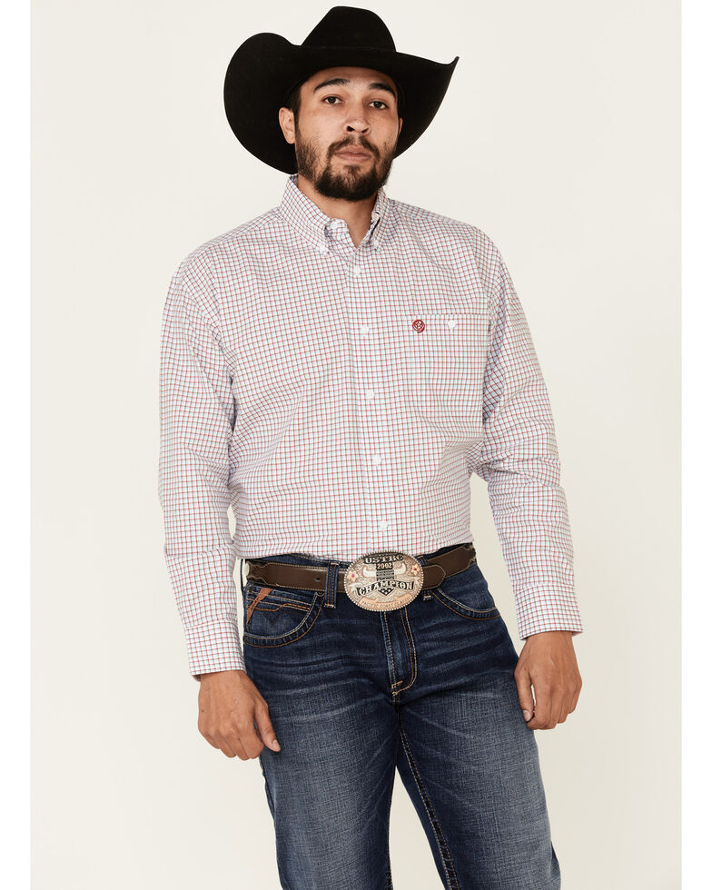 George Strait By Wrangler Men's Red Small Check Plaid Long Sleeve Western Shirt , White, hi-res