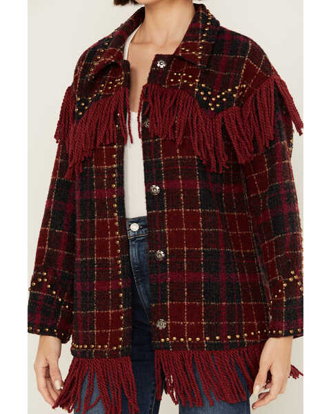 Image #3 - Vocal Women's Tweed Plaid Fringe Jacket , Red, hi-res
