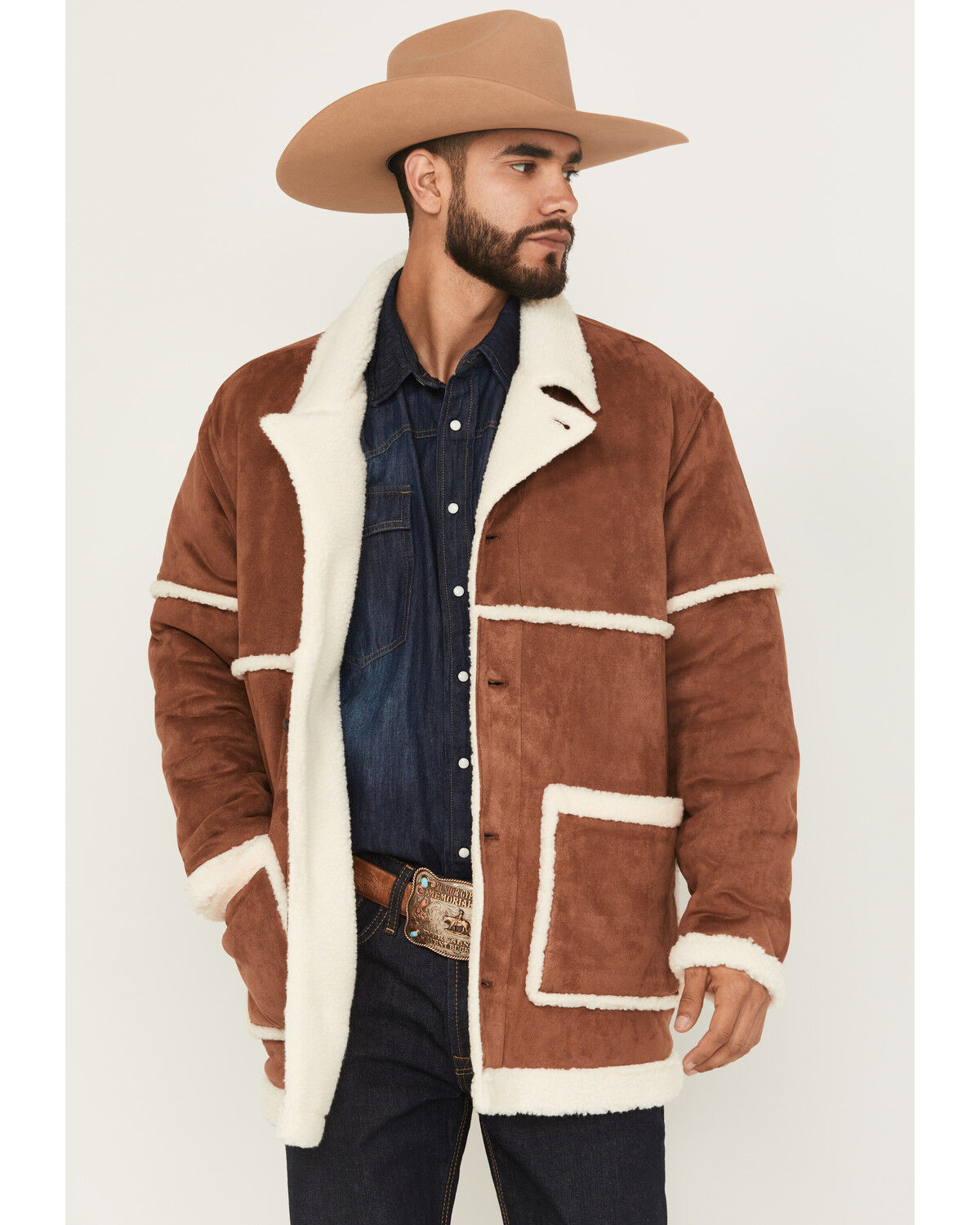 Image #1 - Wrangler Men's Faux Suede Sherpa Lined Button-Down Jacket, Camel, hi-res