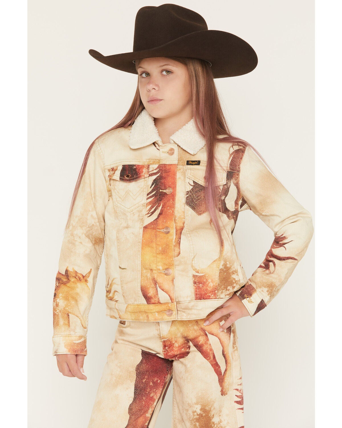 Wrangler X Lainey Wilson Girls' Horse Trucker Jacket, Tan, hi-res