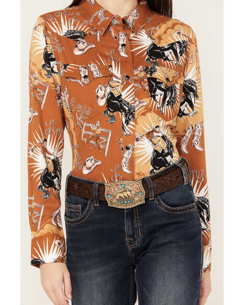 Image #3 - Wrangler Women's Rayon Long Sleeve Snap Western Shirt, Tan, hi-res