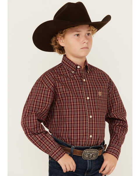 Image #2 - Panhandle Select Boys' Plaid Print Long Sleeve Button-Down Western Shirt , Burgundy, hi-res