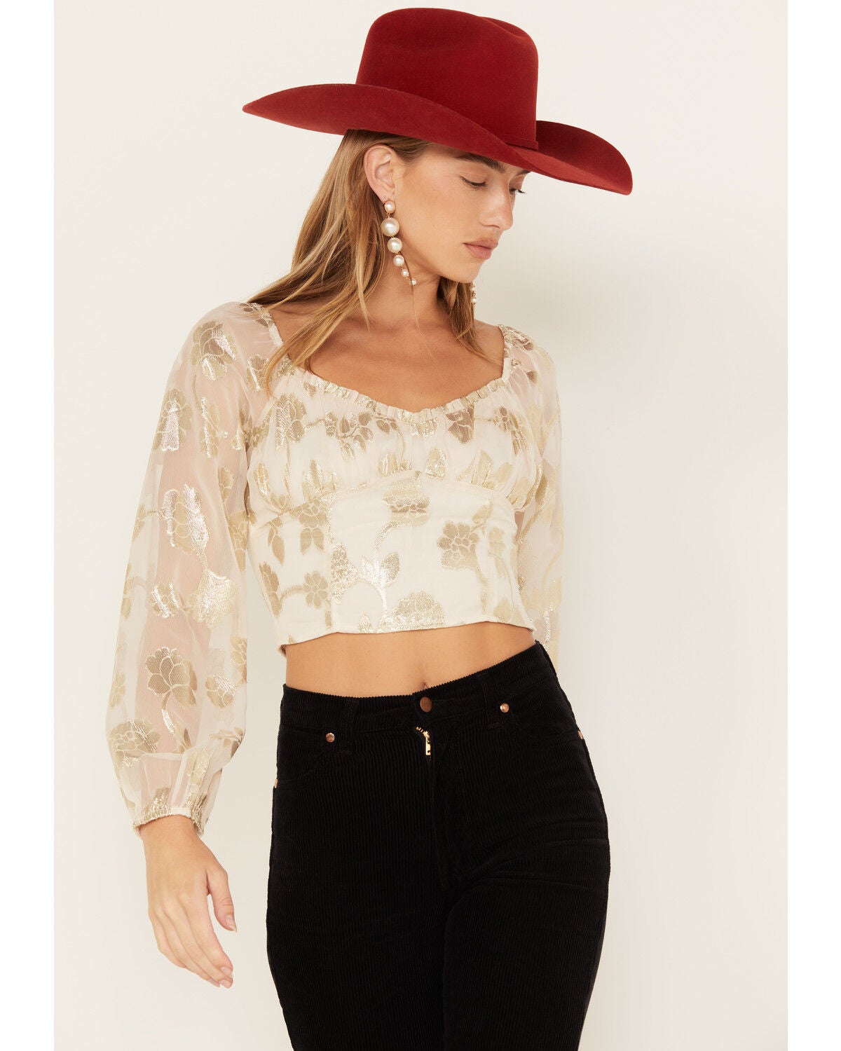 Sadie & Sage Women's Cham Afterglow Metallic Floral Print Crop Top, Off White, hi-res