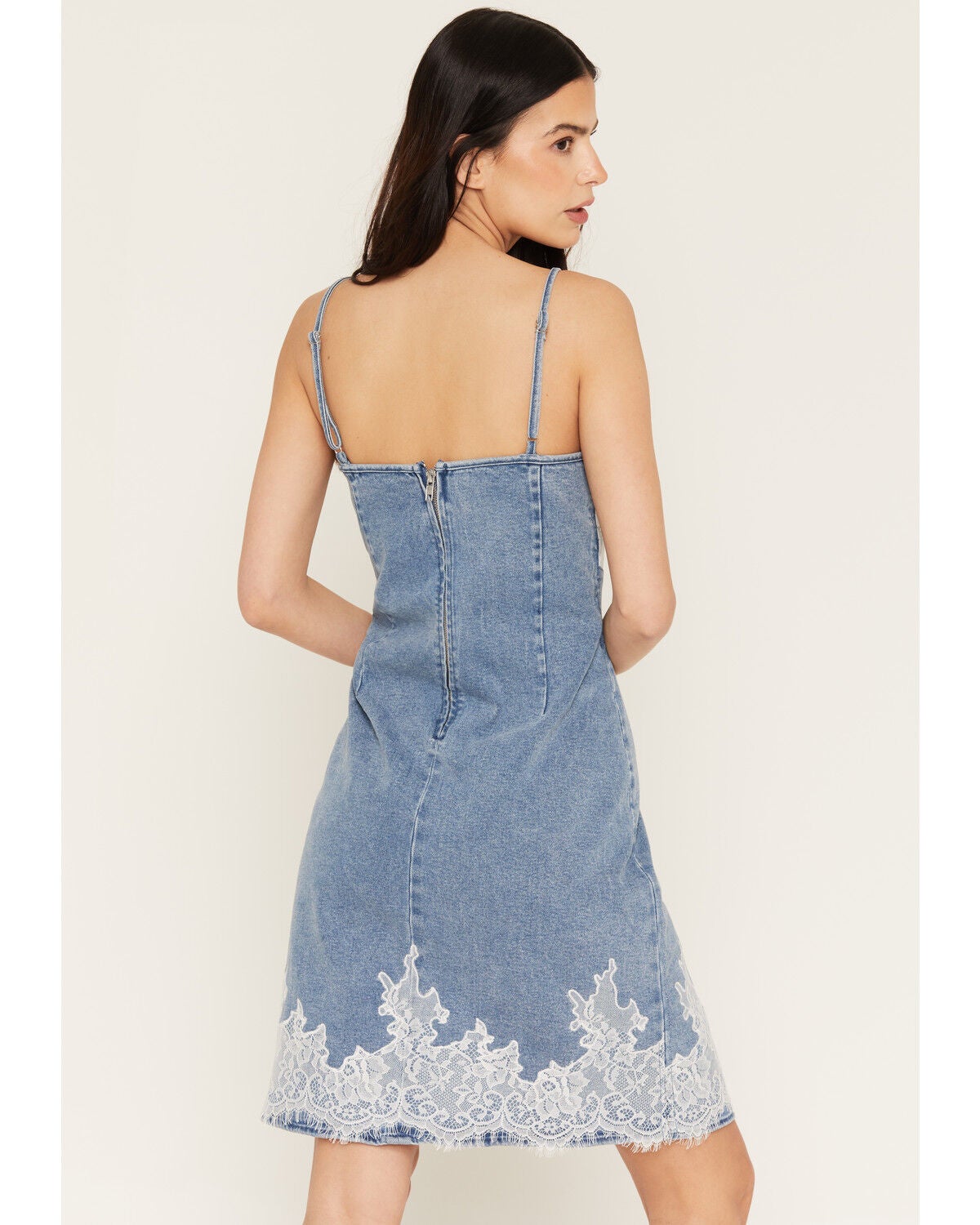 Image #4 - Blue B Women's Boot Barn Exclusive Lace Trim Sleeveless Denim Mini Dress, Medium Wash, hi-res