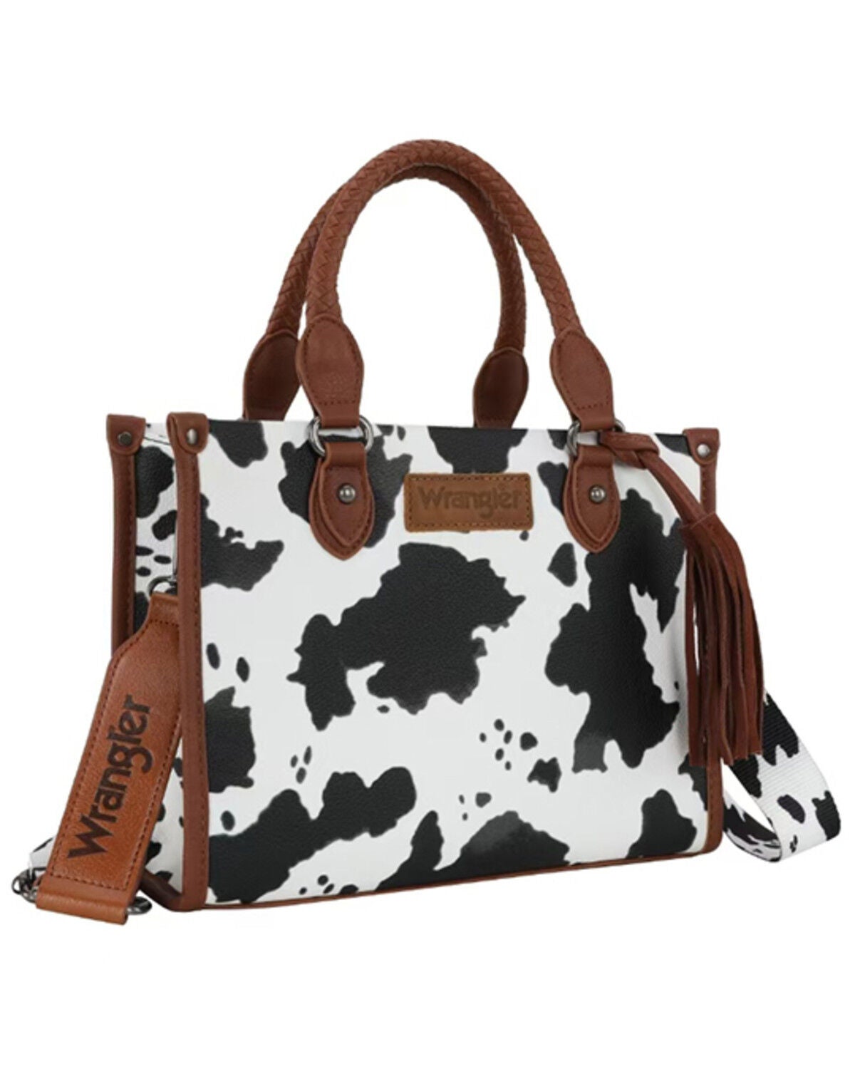 Image #2 - Wrangler Women's Boot Barn Exclusive Daisy Cow Print Tote with Tassel, Brown, hi-res