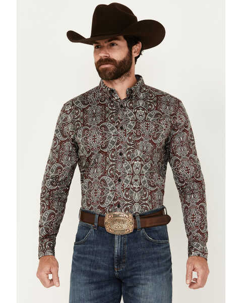 Cody James Men's Showcase Paisley Print Long Sleeve Button-Down Stretch Western Shirt , Dark Red, hi-res