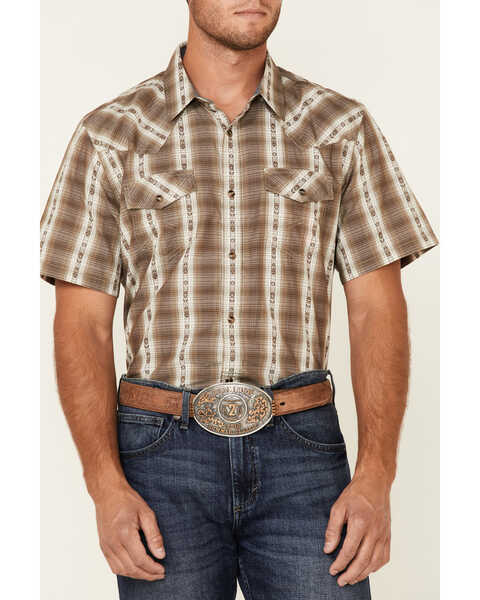 Cody James Men's Lanyard Dobby Plaid Print Short Sleeve Snap Western Shirt, Olive, hi-res