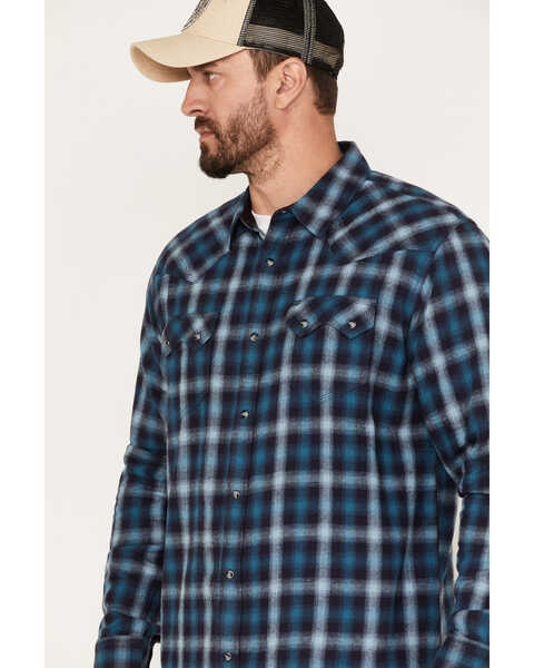 Image #2 - Moonshine Spirit Men's Ombre Plaid Print Long Sleeve Snap Western Flannel Shirt, Navy, hi-res