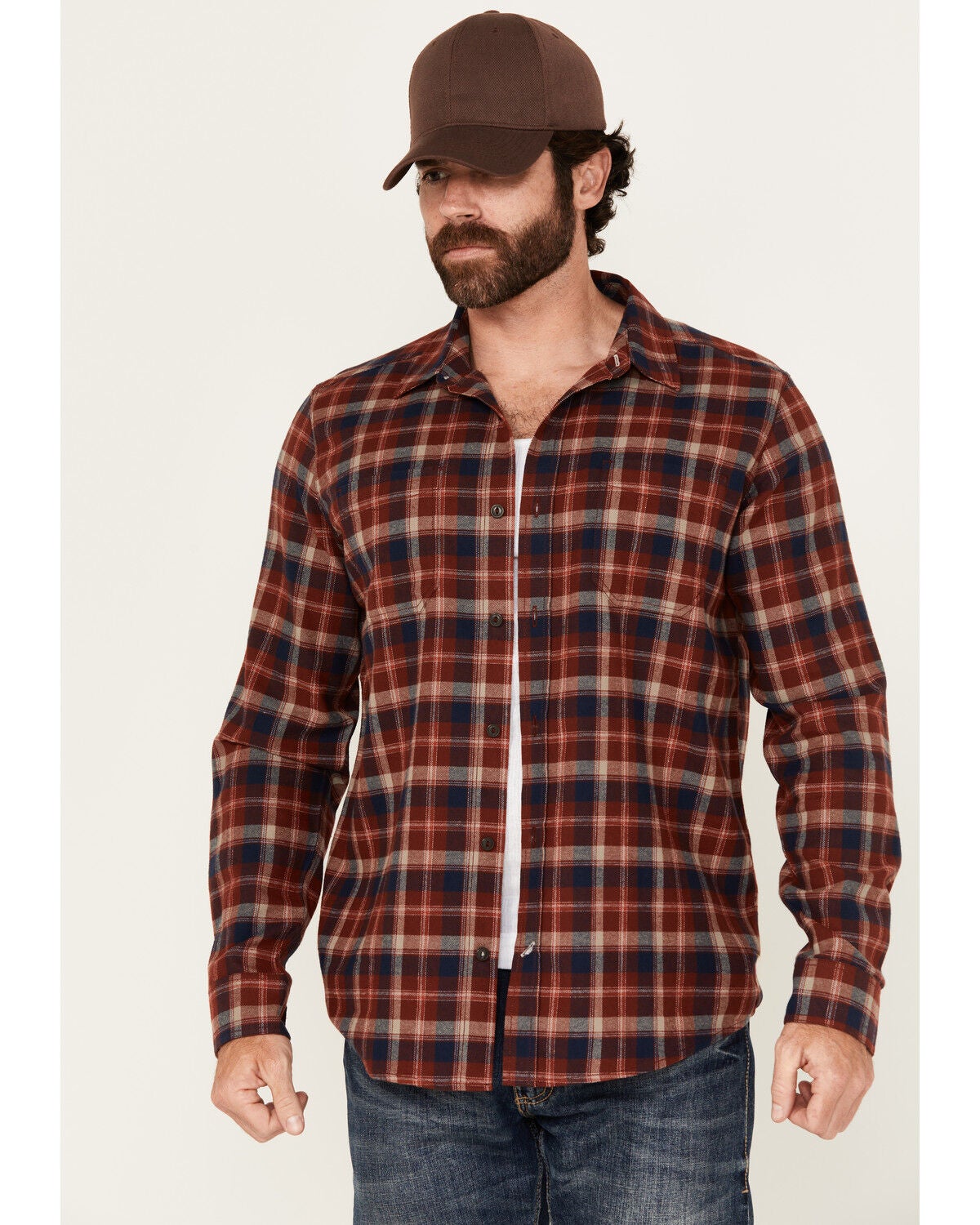 Brothers and Sons Men's Lane Plaid Print Long Sleeve Button-Down Western Shirt, Wine, hi-res