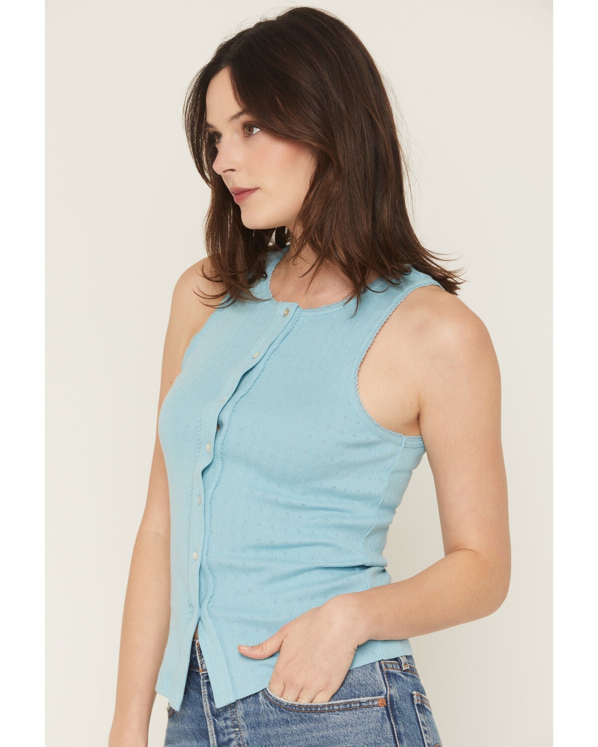 Image #2 - Blue Life Women's Evie Button-Up Pointelle Tank, Blue, hi-res
