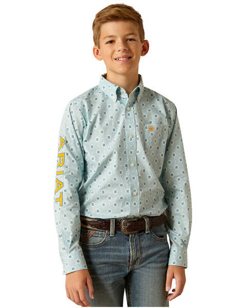 Ariat Boys' Team Logo Geo Print Long Sleeve Button-Down Western Shirt , Aqua, hi-res
