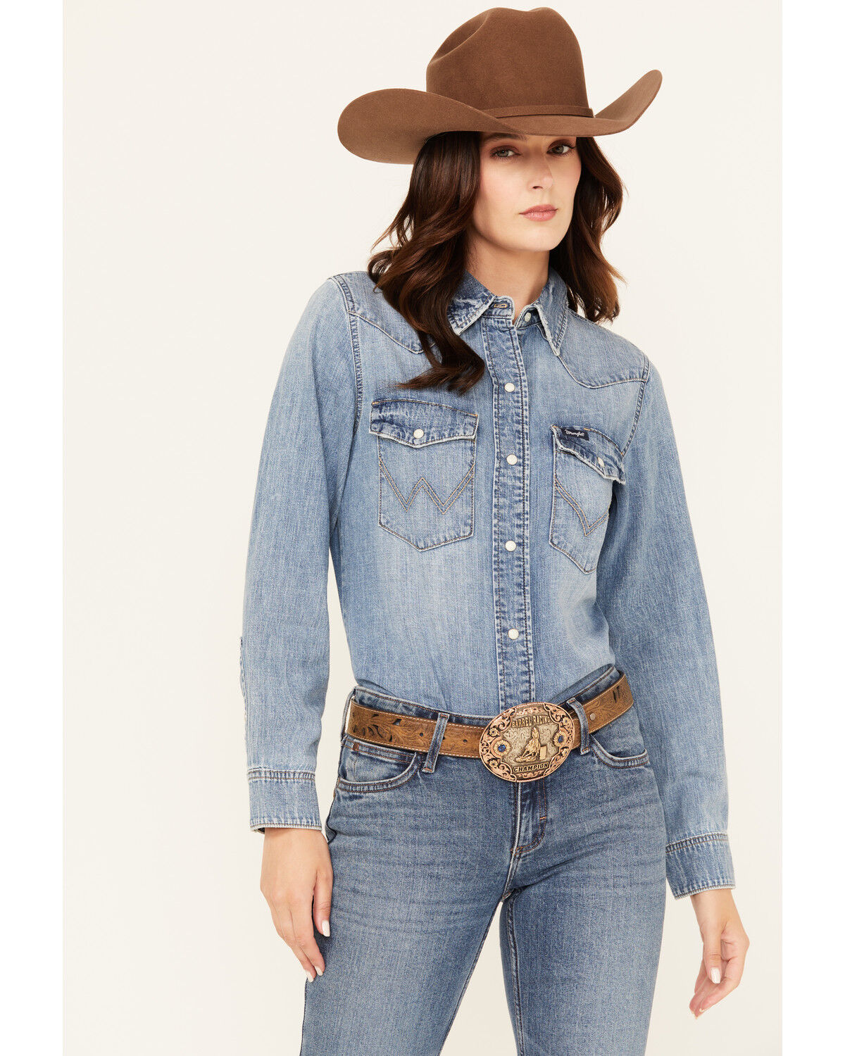 Image #1 - Wrangler Retro Women's Light Wash Denim Long Sleeve Snap Western Shirt, Light Wash, hi-res