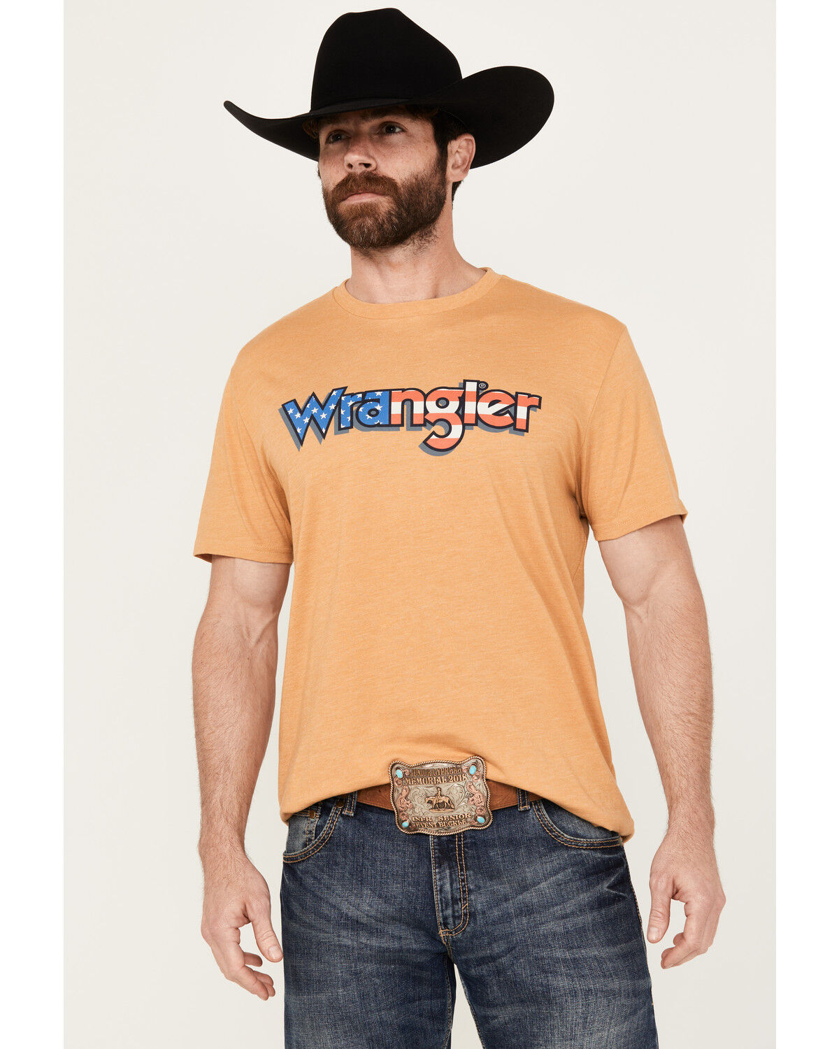 Image #1 - Wrangler Men's Boot Barn Exclusive Americana Logo Short Sleeve Graphic T-Shirt, Tan, hi-res