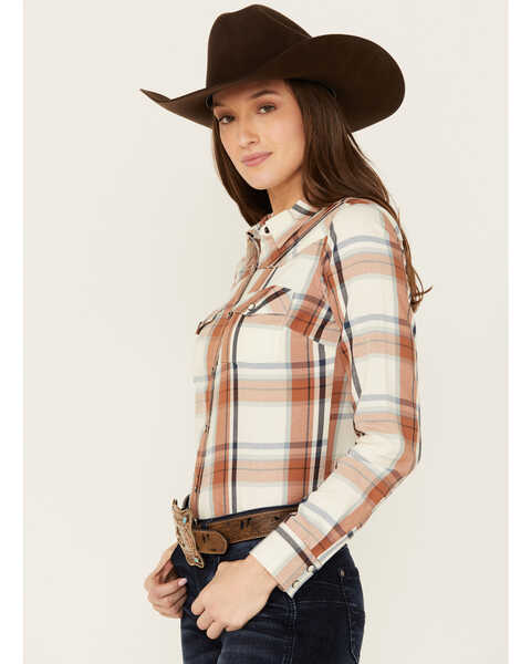 Image #2 - Shyanne Women's Lander Plaid Print Long Sleeve Snap Western Shirt, Cream, hi-res