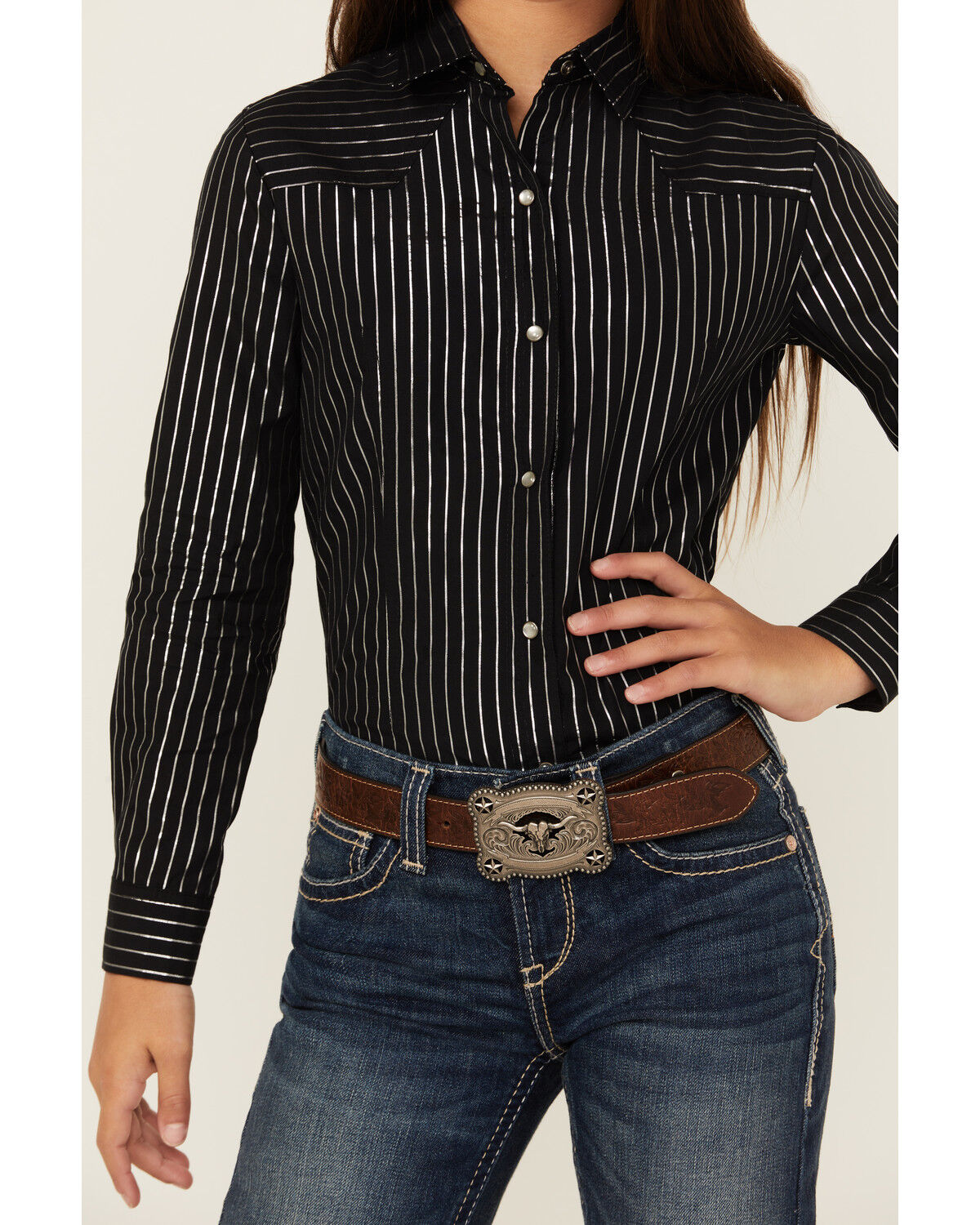 Image #3 - Cruel Girl Girls' Metallic Striped Long Sleeve Pearl Snap Western Shirt, Black, hi-res
