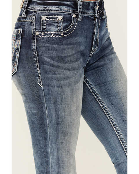 Image #4 - Grace in LA Women's Medium Wash Mid Rise Fleur de Lis Pocket Stretch Bootcut Jeans, Medium Wash, hi-res