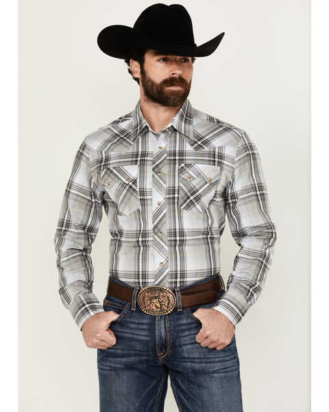 Wrangler Retro Men's Plaid Print Long Sleeve Snap Western Shirt , Grey, hi-res
