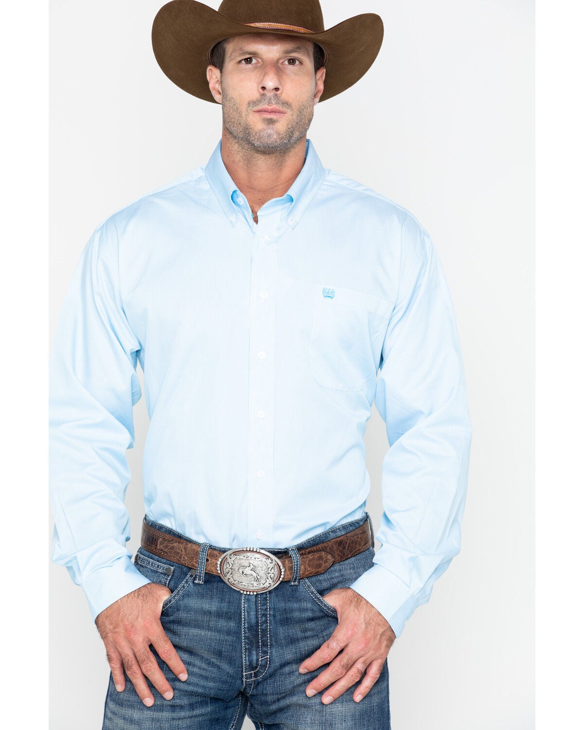 Image #1 - Cinch Men's Striped Print Tencel Long Sleeve Button-Down Western Shirt - Big, Light Blue, hi-res