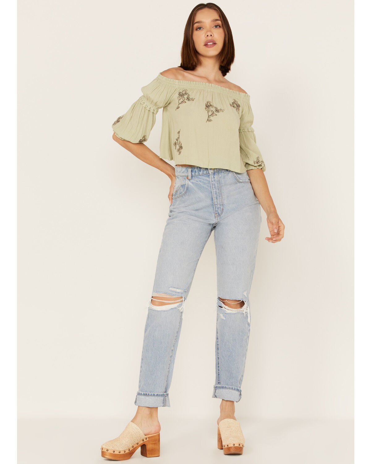 Image #2 - Shyanne Women's Floral Embroidered Off Shoulder Crop Top, Seafoam, hi-res
