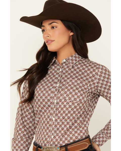 Image #2 - Shyanne Women's Geo Print Long Sleeve Button-Down Stretch Riding Shirt , Dark Red, hi-res