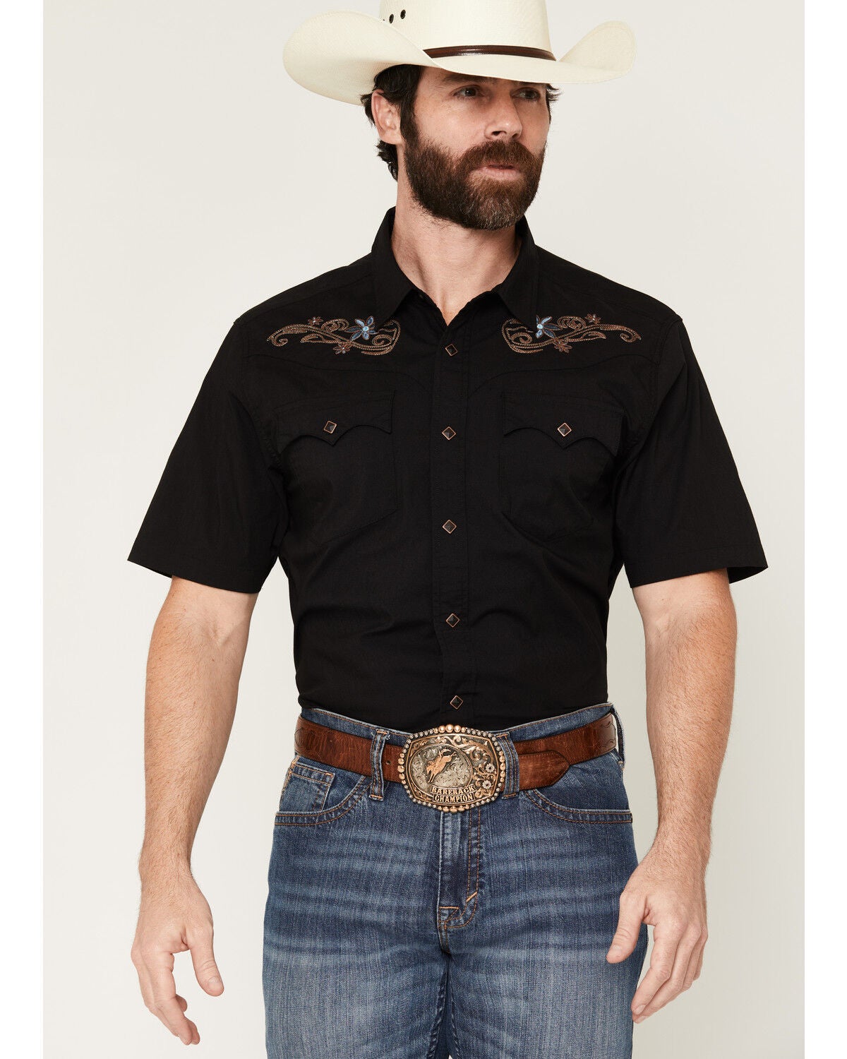 Image #1 - Kimes Ranch Men's Leland Embroidered Yoke COOLMAX&reg; Short Sleeve Snap Western Shirt, White, hi-res