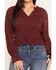 Image #3 - Miss Me Women's Smocked Waist Long Sleeve Blouse, Burgundy, hi-res