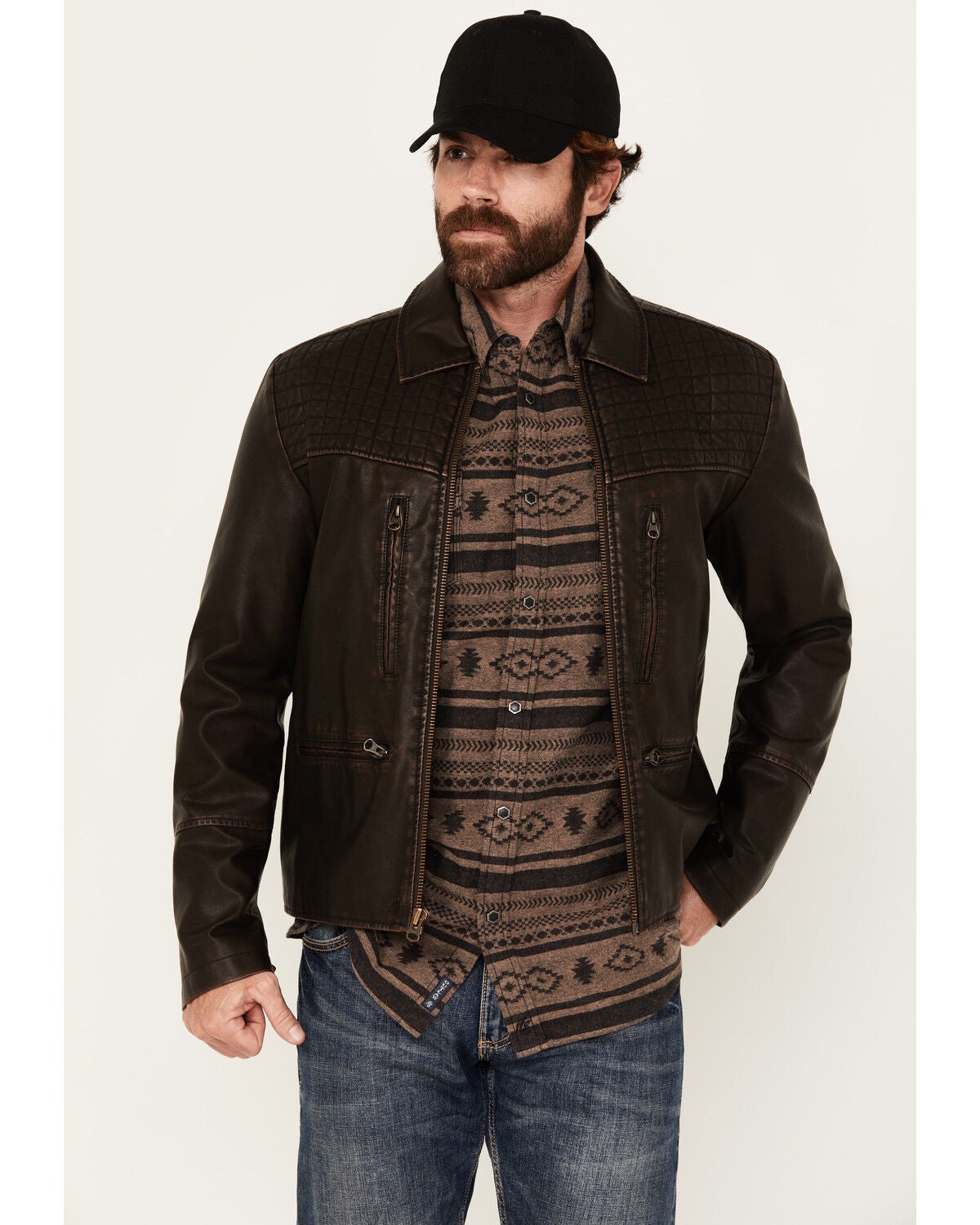 Moonshine Spirit&reg; Men's Outlaw Faux Leather Moto Biker Jacket, Dark Brown, hi-res