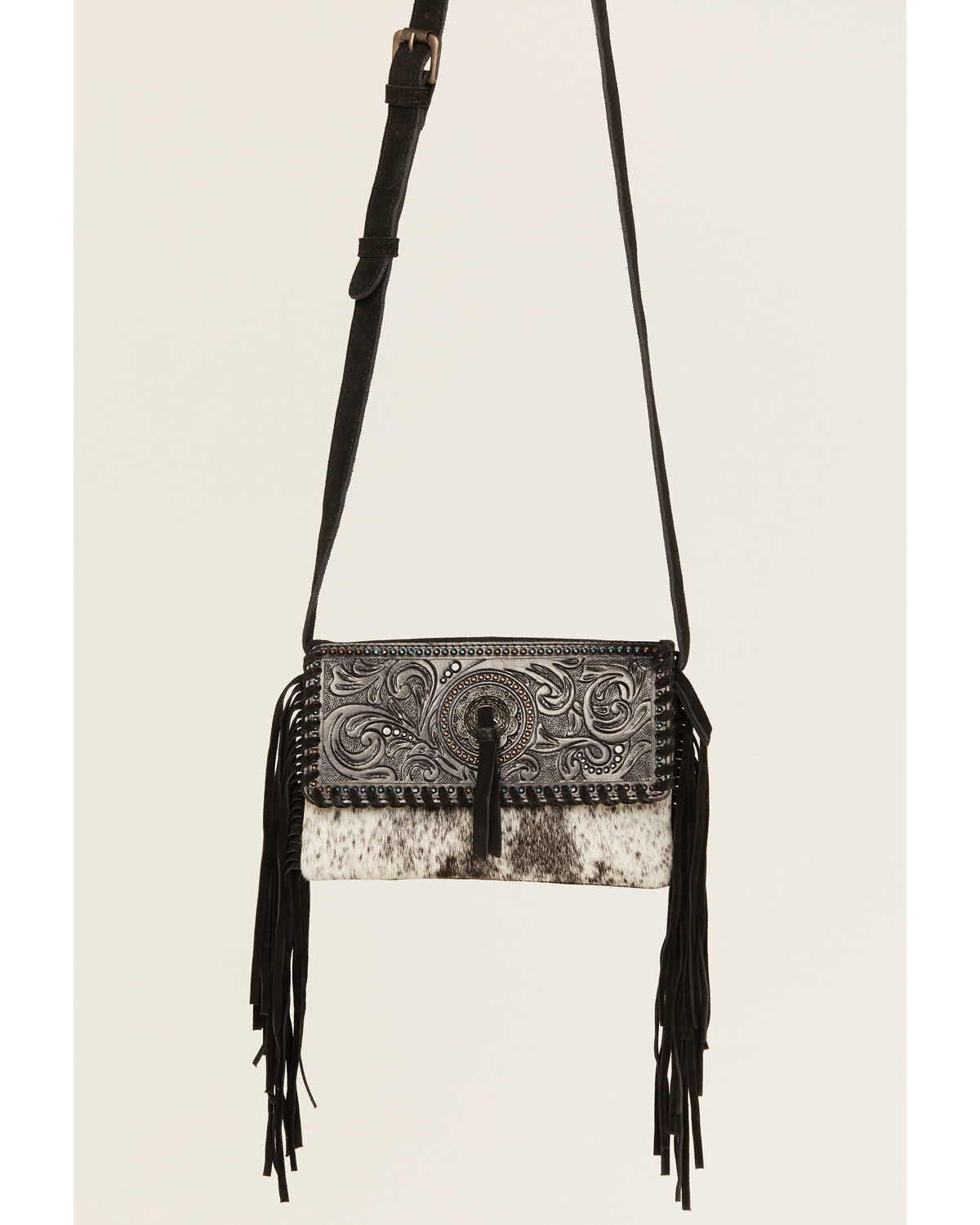 Image #2 - Shyanne Women's Cassidy Hair-On Tooled Leather Crossbody, Black, hi-res