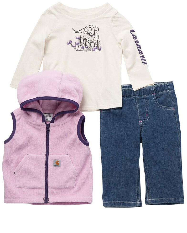Carhartt Girls' Vest, Long Sleeve Shirt, & Jeans 3pc Set, Medium Wash, hi-res
