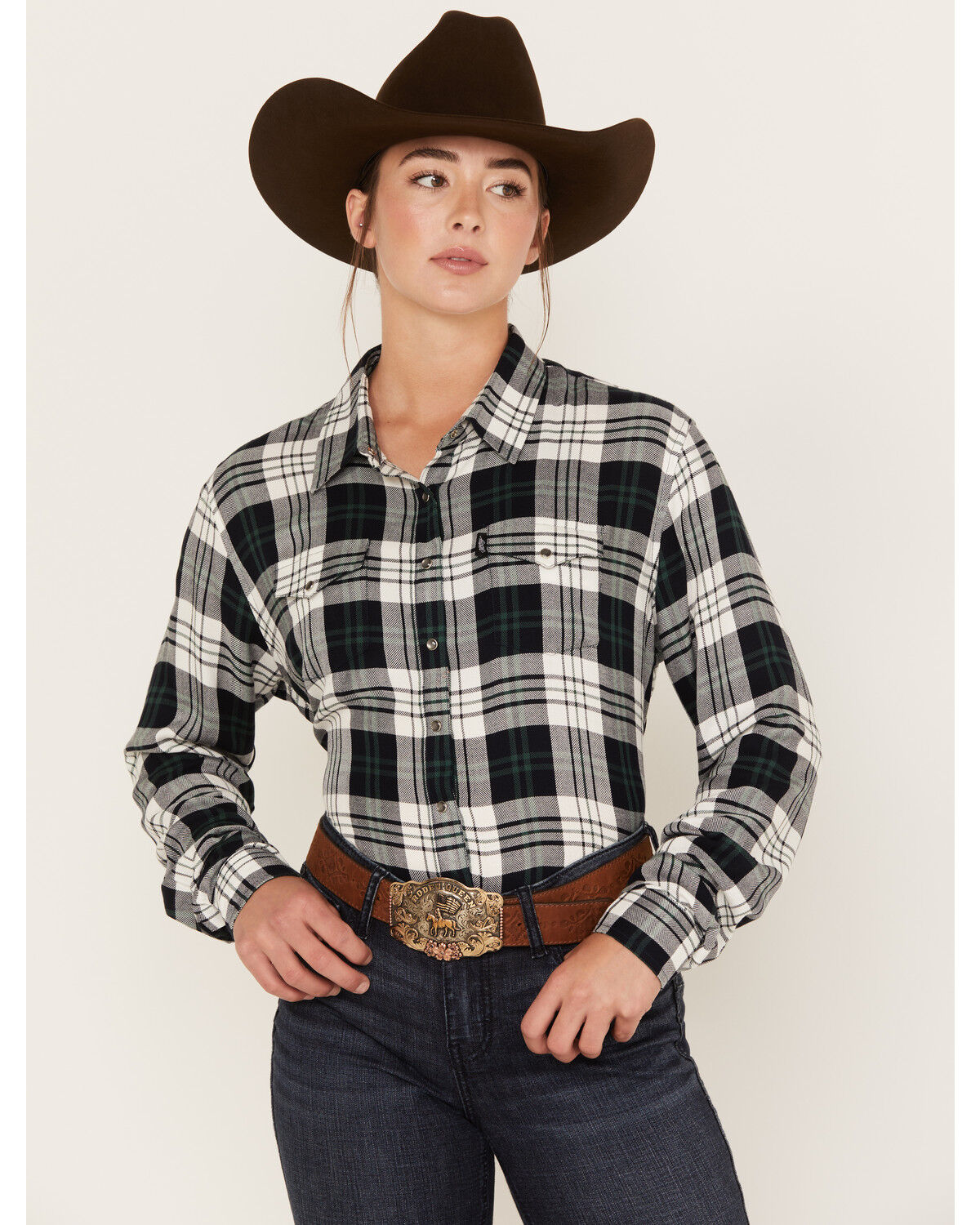 Image #1 - Hooey Women's Plaid Print Long Sleeve Snap Flannel Shirt, Black, hi-res