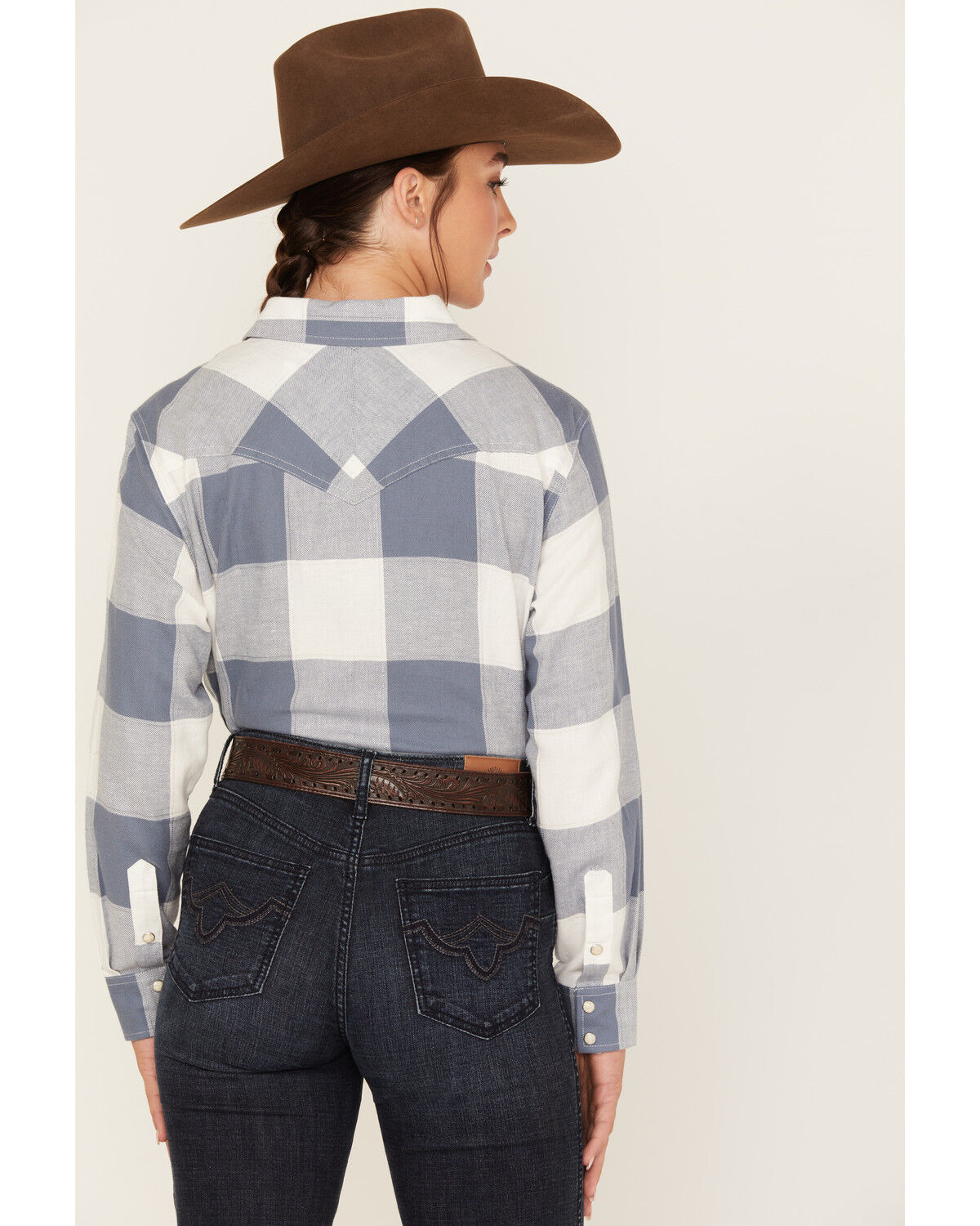 Image #4 - Wrangler Women's Boot Barn Exclusive Buffalo Check Print Long Sleeve Western Flannel Snap Shirt, Blue/white, hi-res