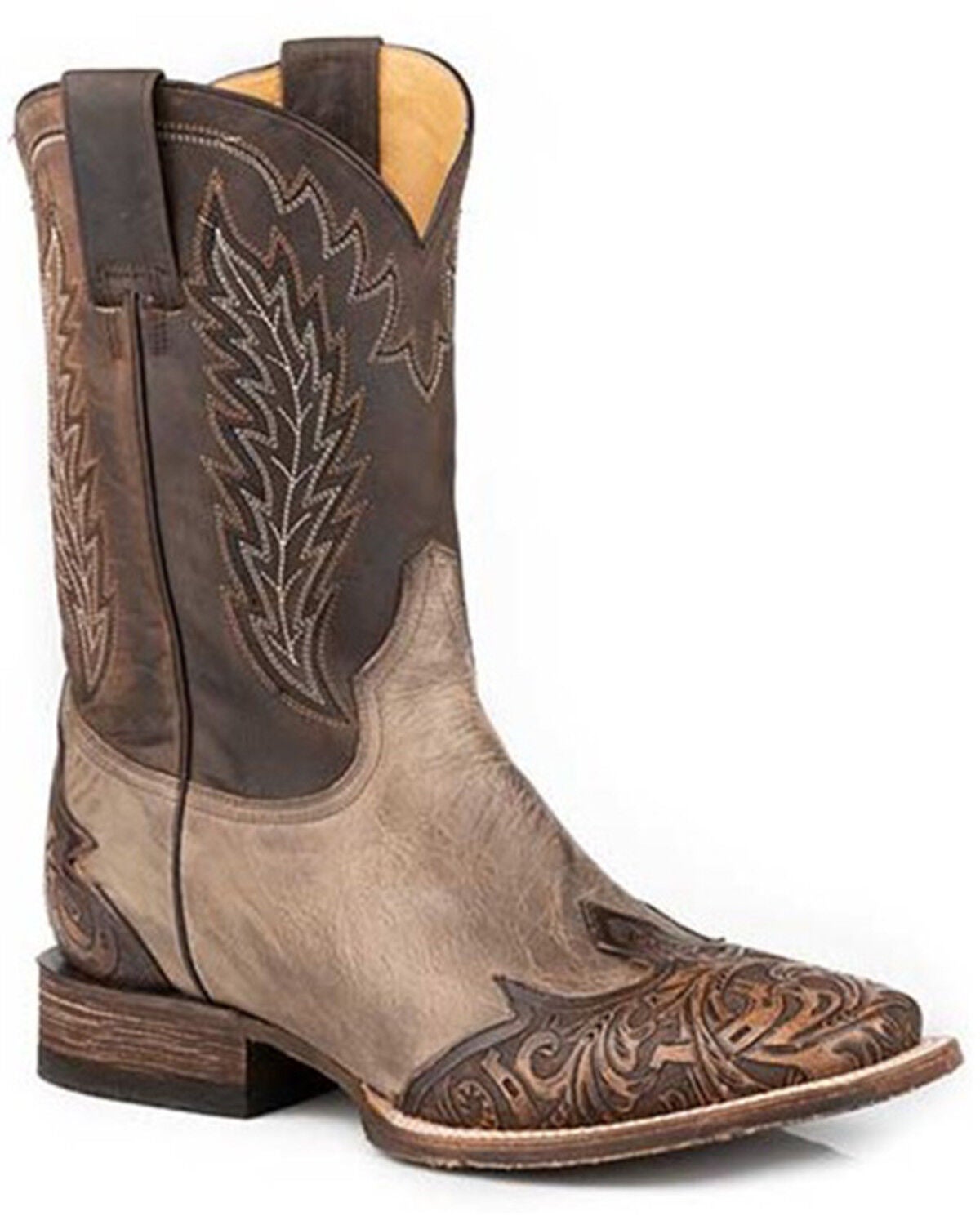 Stetson Men's Handtooled Blaze Western Boots - Broad Square Toe, Tan, hi-res