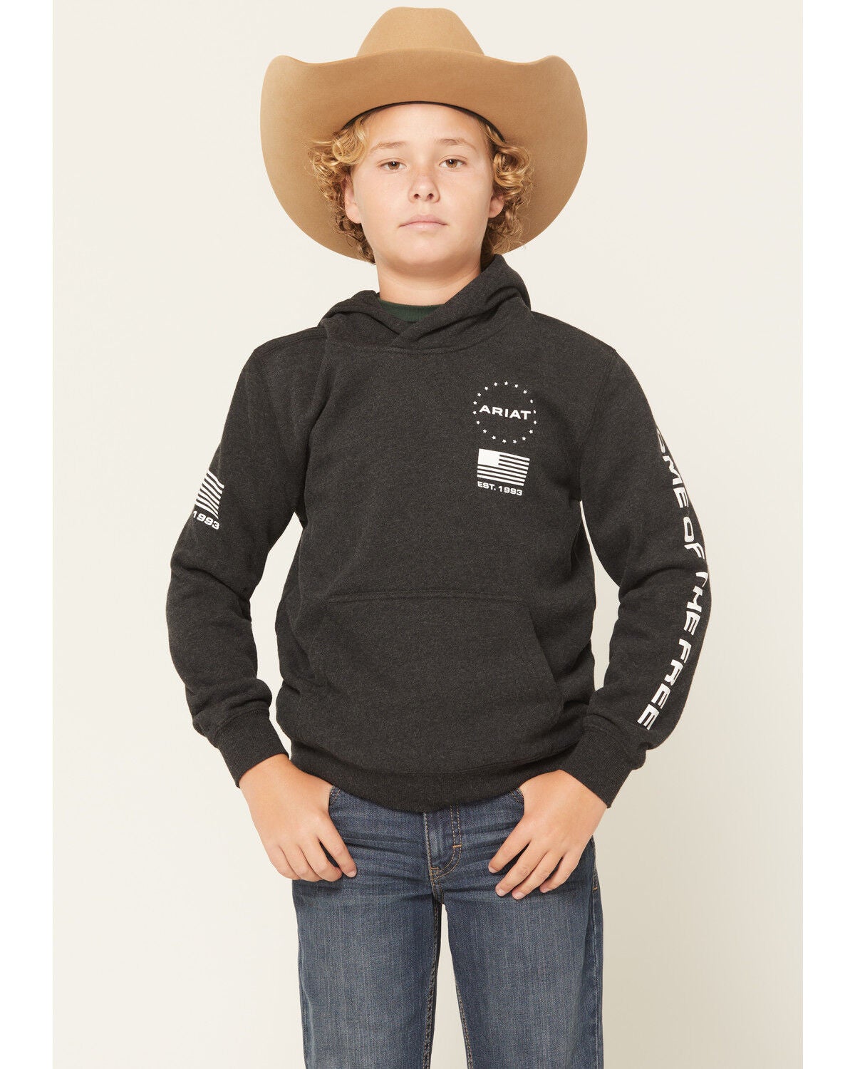 Image #2 - Ariat Boys' Logo Patriotic Graphic Hooded Sweatshirt, Black, hi-res