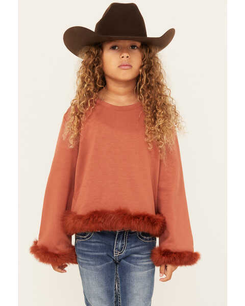Image #1 - Hayden LA Girls' Fur Trimmed Sweater , Rust Copper, hi-res
