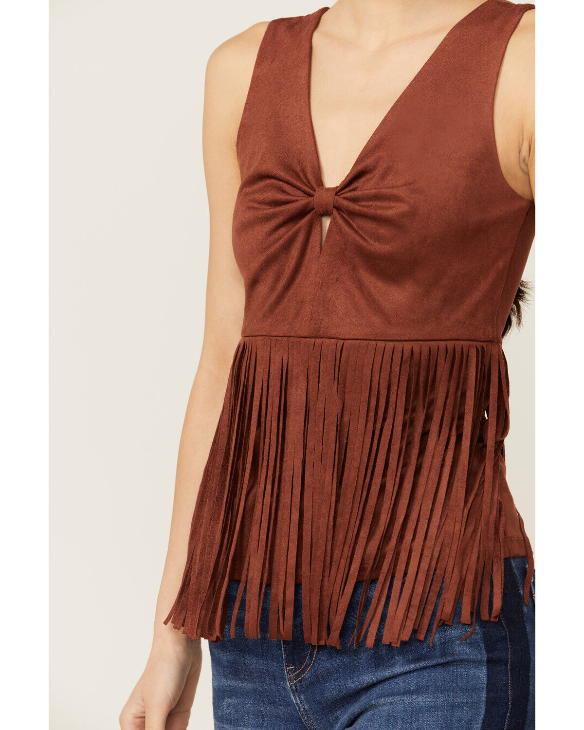 Image #3 - Idyllwind Women's Pennington Faux Suede Twisted Fringe Top, Mahogany, hi-res