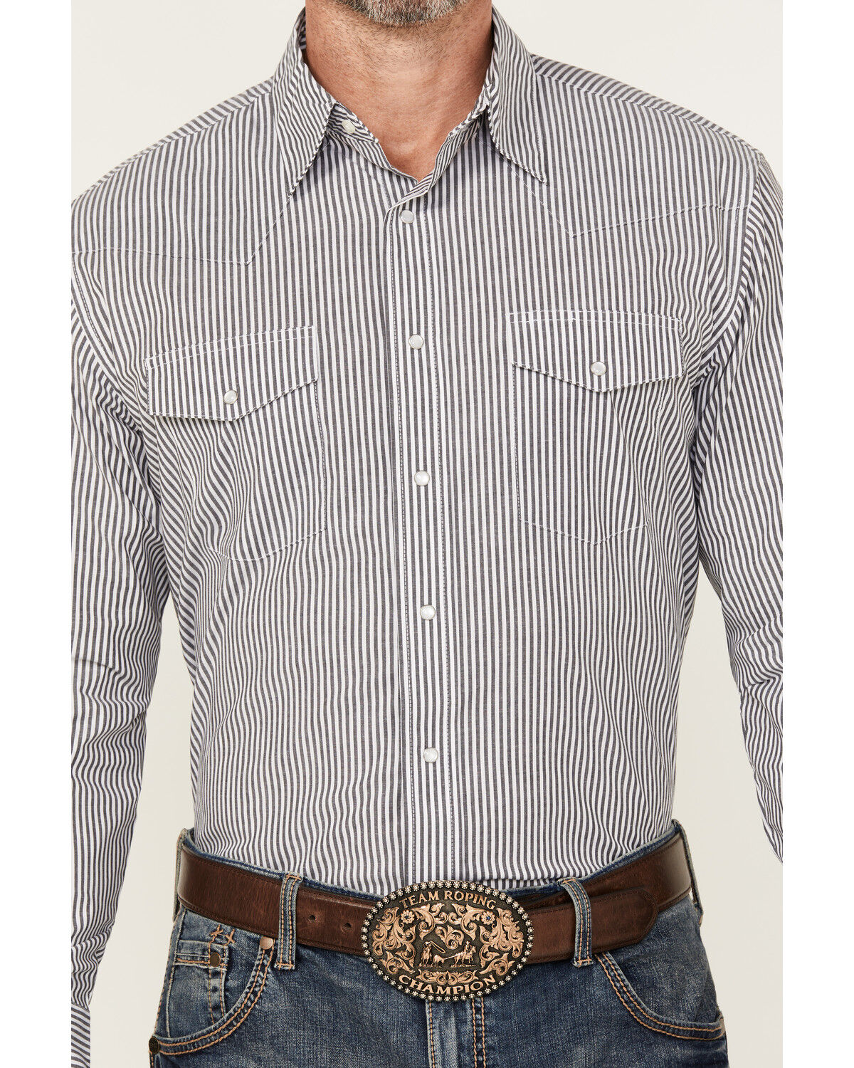 Image #3 - Wrangler Men's Striped Print Long Sleeve Snap Stretch Western Print, Charcoal, hi-res