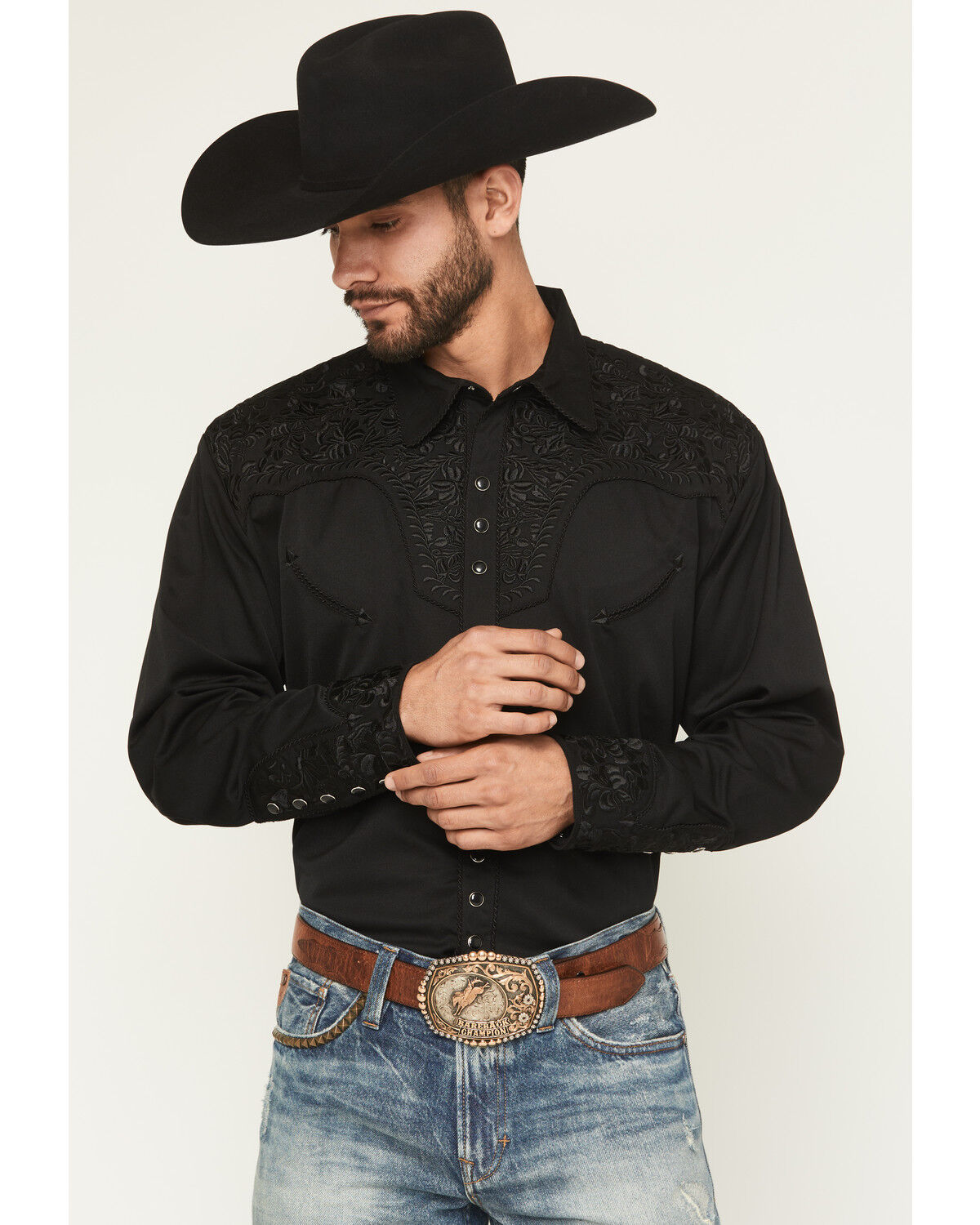 Image #1 - Scully Men's Floral Embroidered Retro Long Sleeve Snap Western Shirt, Jet Black, hi-res
