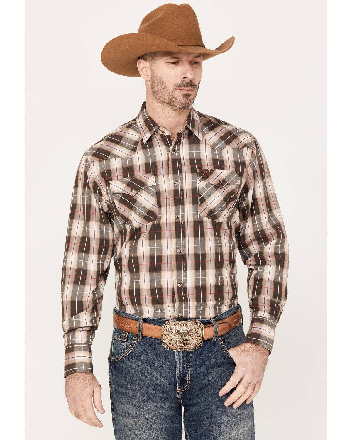 Image #1 - Rodeo Clothing Men's Plaid Print Long Sleeve Snap Western Shirt, Brown, hi-res