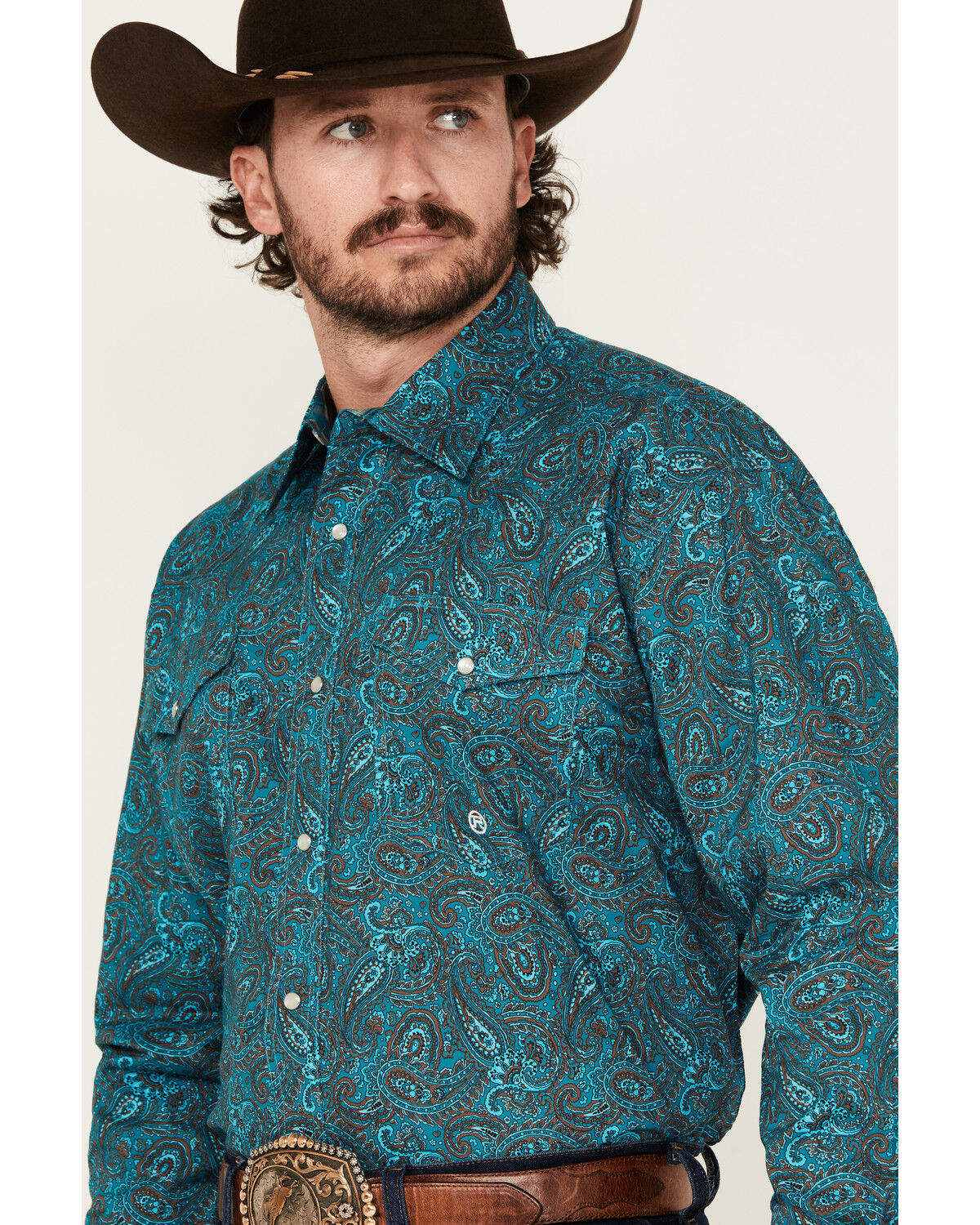 Image #2 - Roper Men's Amarillo Paisley Print Long Sleeve Snap Western Shirt, Turquoise, hi-res
