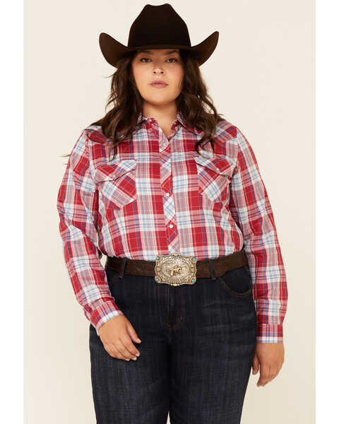 Image #1 - Roper Women's Red Plaid Long Sleeve Pearl Snap Western Core Shirt - Plus, Red, hi-res