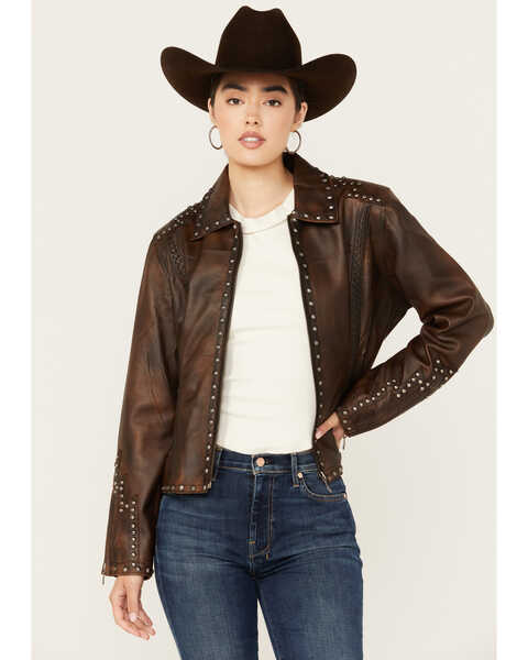 Image #1 - Cripple Creek Women's Concho Back Leather Jacket , Brown, hi-res