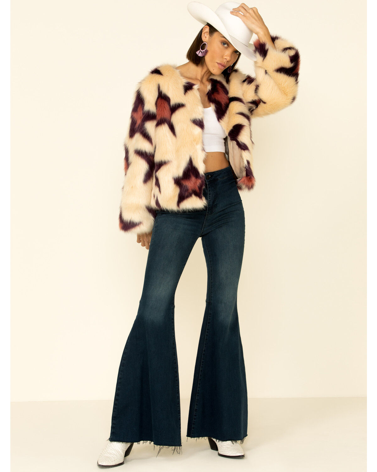 Image #2 - Band Of Gypsies Women's Ivory Star Faux Fur Jacket , , hi-res