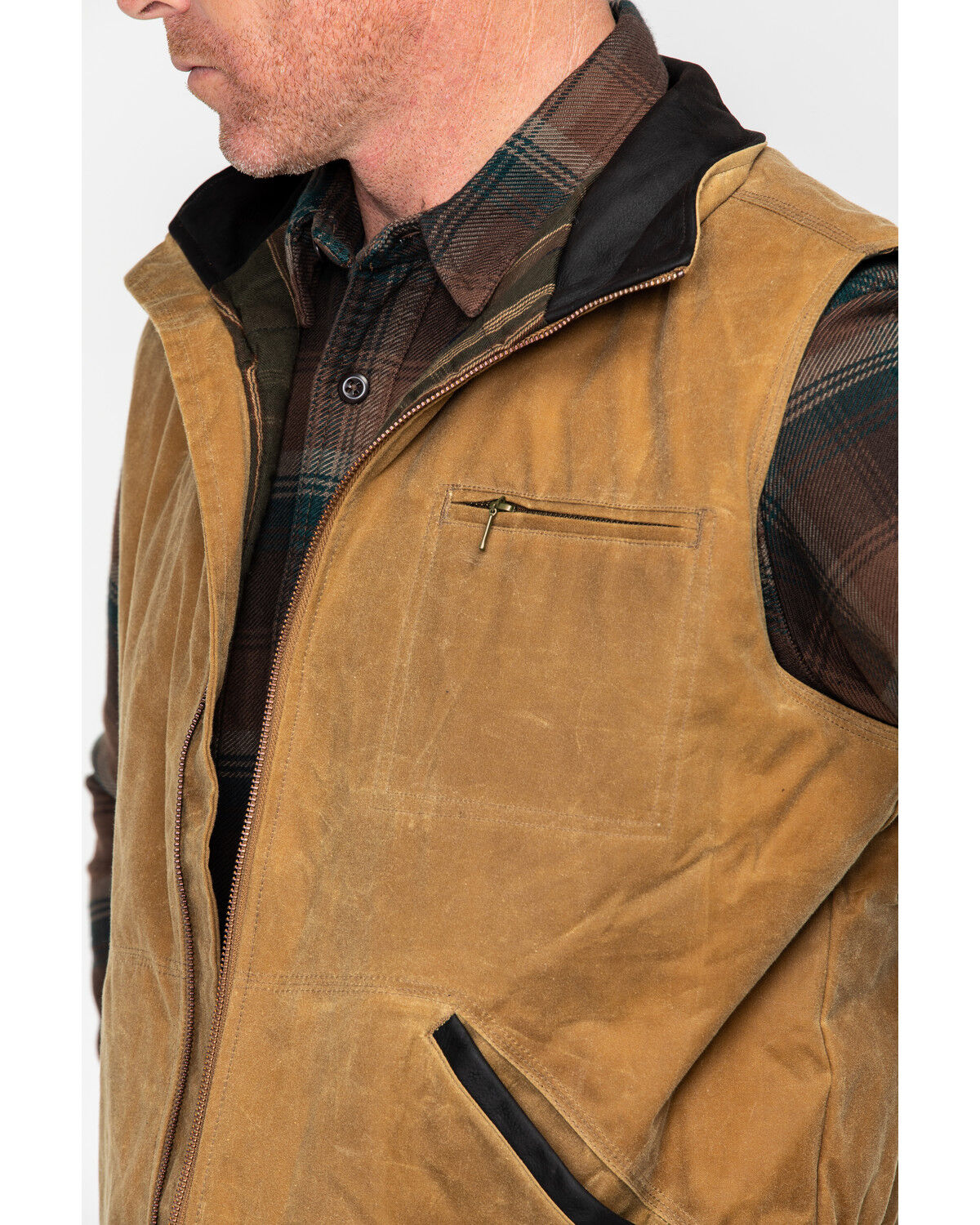 Image #5 - Outback Trading Co Men's Sawbuck Flannel Lined Oilskin Zip-Front Vest, Tan, hi-res