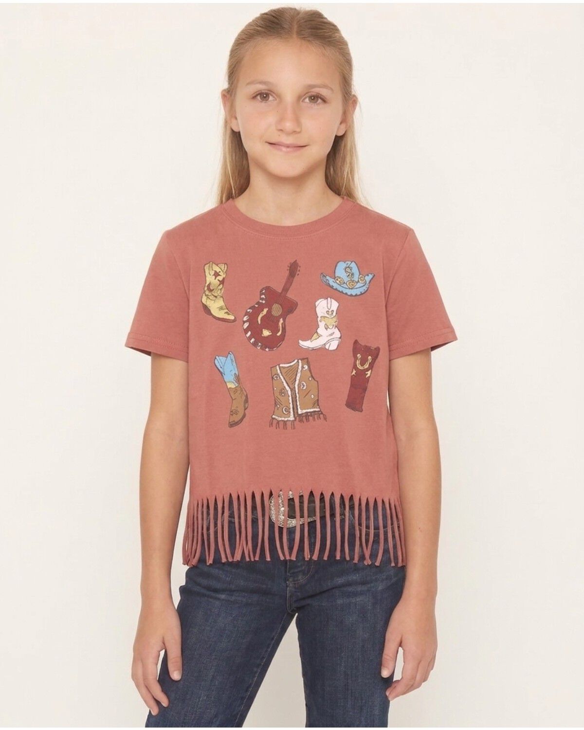 Shyanne Girls' Booty Party Fringe Short Sleeve Graphic Tee, Rose, hi-res