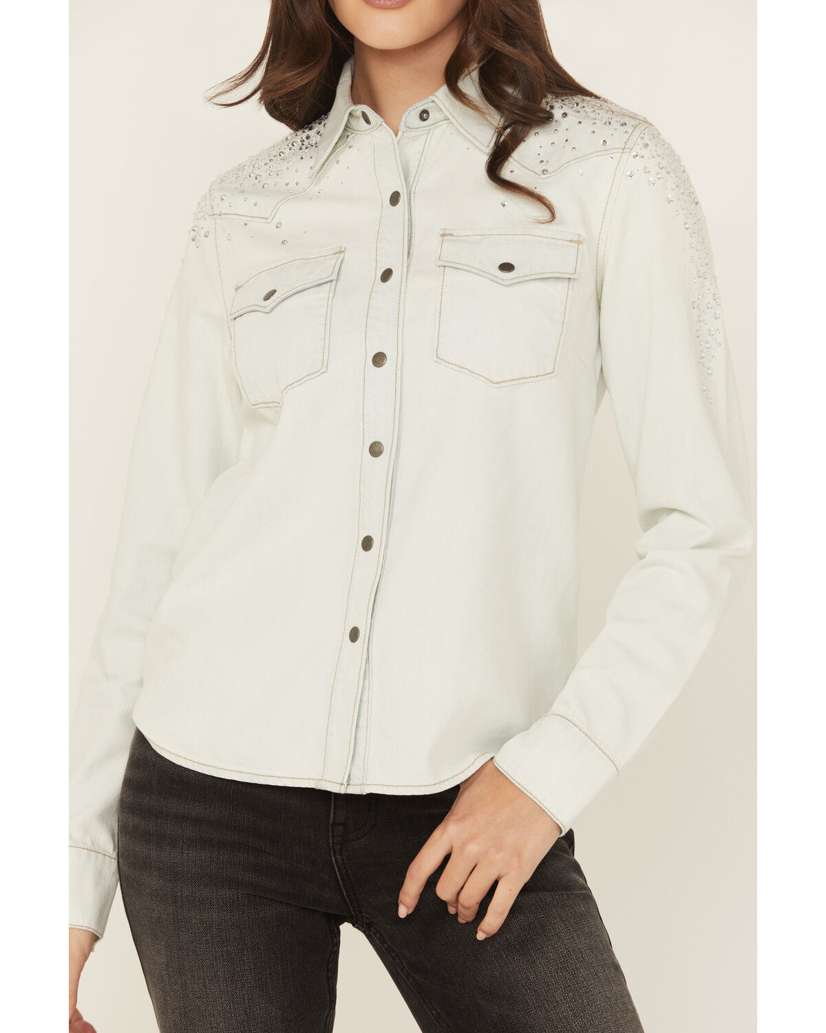 Image #3 - Idyllwind Women's Embellished Light Wash Long Sleeve Snap Denim Shirt, Light Wash, hi-res