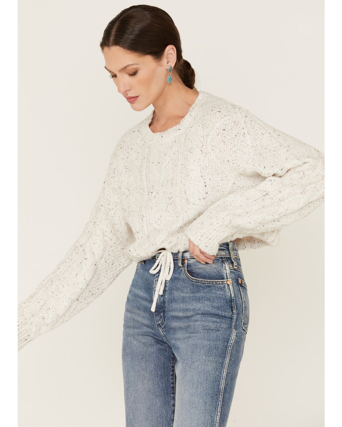 Image #2 - Wild Moss Women's Speckled Cable Knit Cropped Sweater, Ivory, hi-res