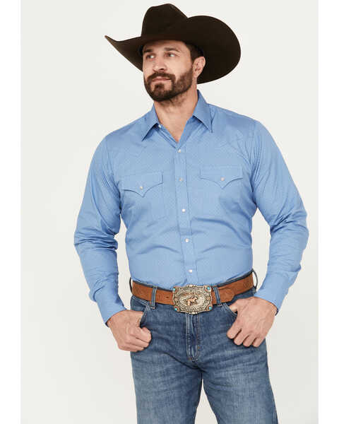 Image #1 - Ely Walker Men's Geo Print Long Sleeve Pearl Snap Western Shirt, Blue, hi-res