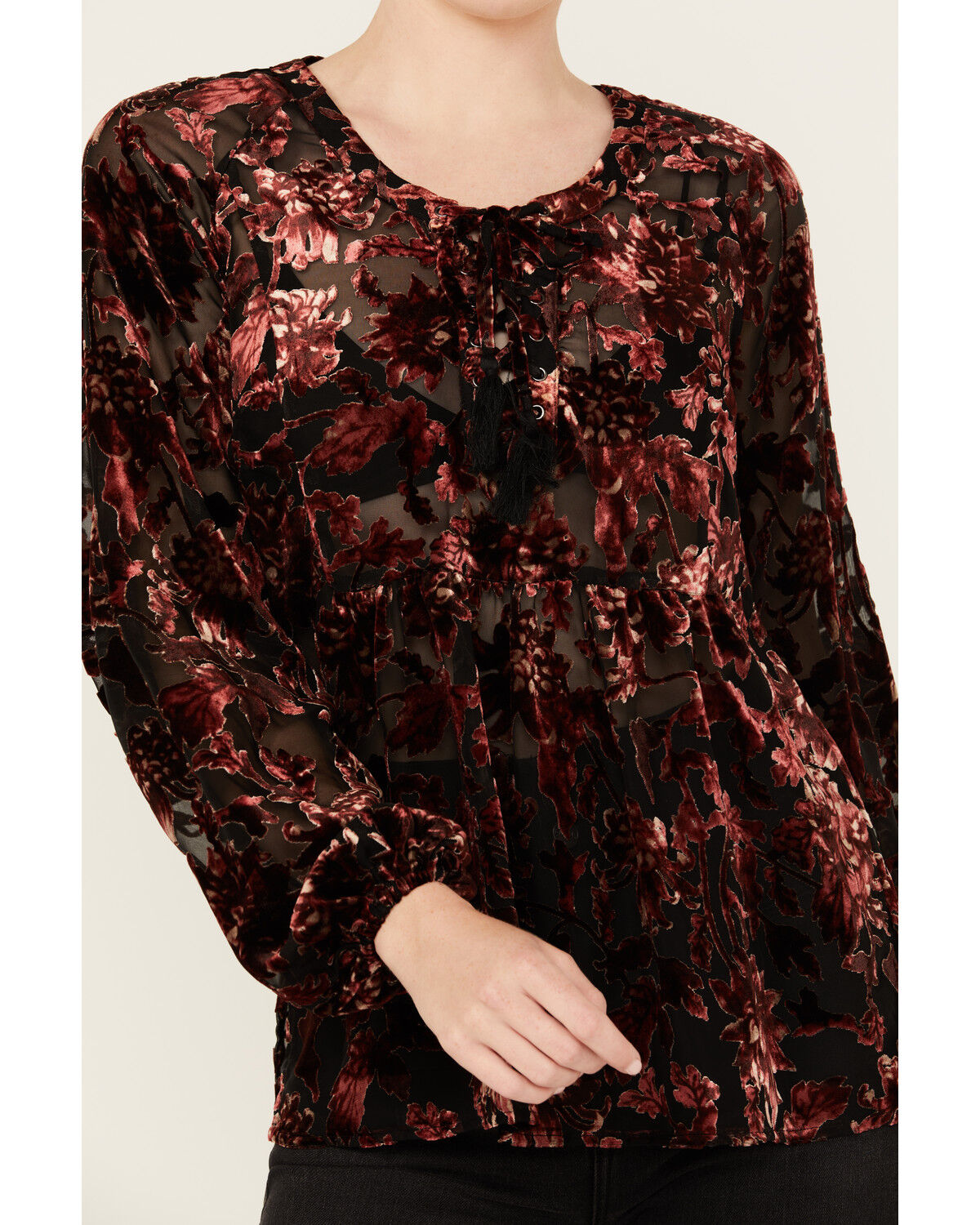 Image #3 - Shyanne Women's Burnout Velvet Peasant Lace-Up Top, Black, hi-res