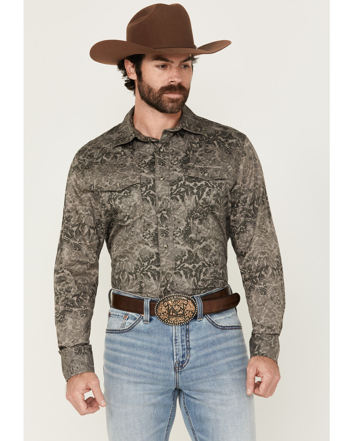 Image #1 - Wrangler Retro Men's Floral print Long Sleeve Snap Western Shirt, Grey, hi-res